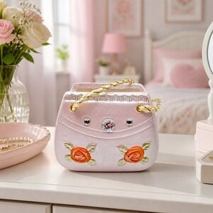 Ceramic Purse Container Floral Rhinestones 4" x 4"